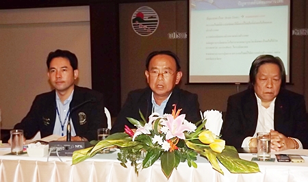 (L to R) Mayor Itthiphol Kunplome, PBTA president Wiwat Pattanasin, and PBTA consultant Jamroon Vitsavachaipan meet with the members of Pattaya’s business community to discuss the upcoming ASEAN common market.